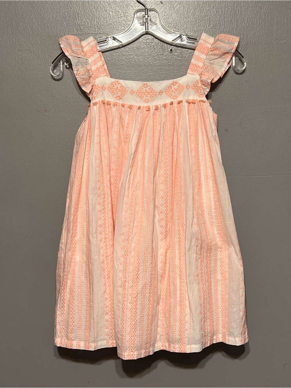 Tahari Cotton Embroidered Flutter Sleeve Dress Peach & Ivory Square Neck Size 8
